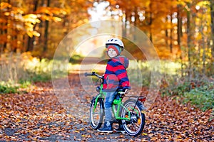 Little kid boy in colorful warm clothes in autumn forest park driving a bicycle. Active child cycling on sunny fall day