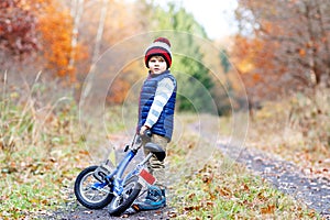 Little Kid Boy in Colorful Warm Clothes in Autumn Forest Park Driving Bicycle. Active Child Cycling on Sunny Fall Day in