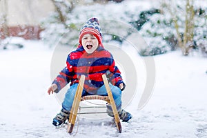 Little kid boy enjoying sleigh ride in winter