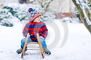 Little kid boy enjoying sleigh ride in winter