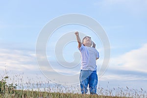 Little kid boy play superhero, Happy playful children playing outdoors, Child having fun outdoor