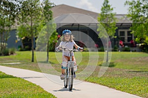 Little kid boy riding a bike in summer park. Children learning to drive a bicycle on a driveway outside. Kid riding