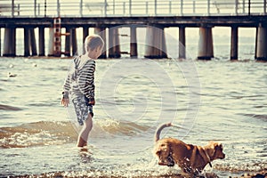 Little kid boy at sea water with dog. Summer.