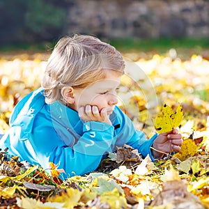Little kid boy with yellow autumn leaves in park