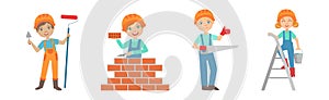 Little Kid Builder Character Wearing Hard Hat with Construction Tool Executing Work Vector Set