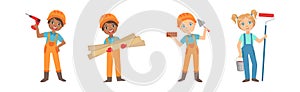 Little Kid Builder Character Wearing Hard Hat with Construction Tool Executing Work Vector Set photo