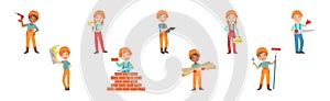 Little Kid Builder Character Wearing Hard Hat with Construction Tool Executing Work Vector Set photo