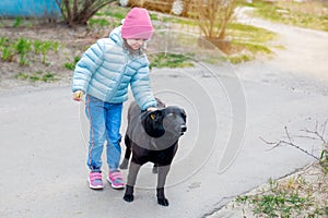 A little kid girl in a blue jacket and pink hat stroking the head of a black large stray dog in the yard