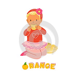 Little kid girl eating orange