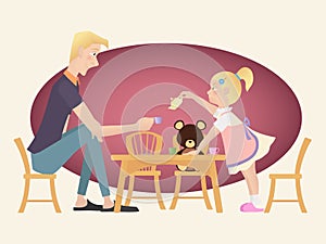 Little kid girl playing tea party with her father
