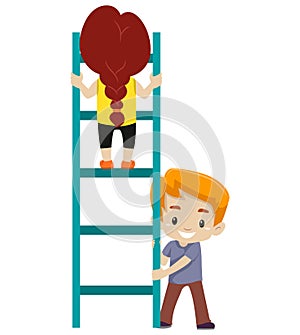 Little kid Helping each other to climb up the Ladder photo