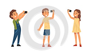 Little Kid Holding Smartphone Having Video Call or Taking Selfie for Social Media Vector Set
