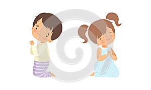 Little Kid Kneeling and Praying with Folded Hands Vector Set