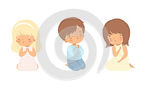 Little Kid Kneeling and Praying with Folded Hands Vector Set