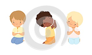 Little Kid Kneeling and Praying with Folded Hands Vector Set