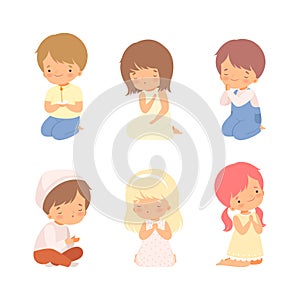 Little Kid Kneeling and Praying with Folded Hands Vector Set