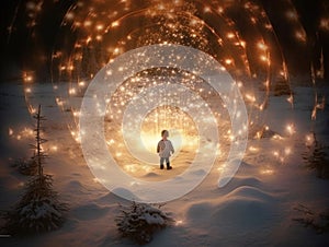 Little kid looking at magic lights. Christmas night full of magic. Trees covered with snow. Winter holidays