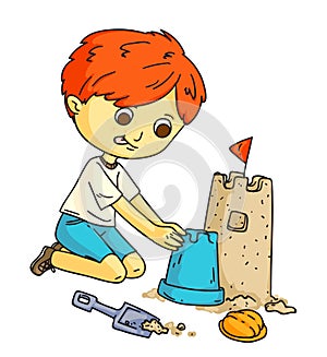 Little kid playing with basket, shovel and toys in sand box cartoon. Cute happy boy building sand castle. Childhood