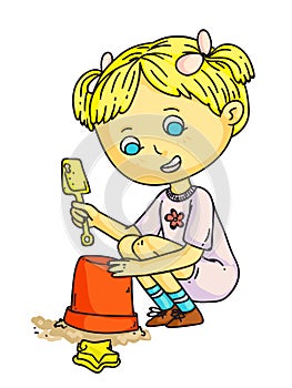 Little kid playing with basket, shovel and toys in sand box cartoon. Cute happy girl building sand castle. Childhood