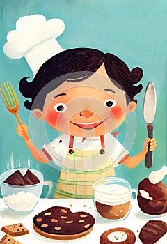 Little kid preparing a chocolate dessert with a spoon and fork in her hands. Cartoon illustration for children\'s book