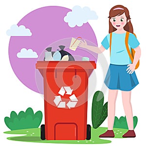 little kid school girl put trash garbage into recycle bin trash can green earth preserve nature photo