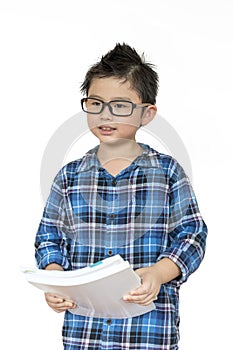 Little kid waring glasses ready for a classroom on white background, Back to school photo