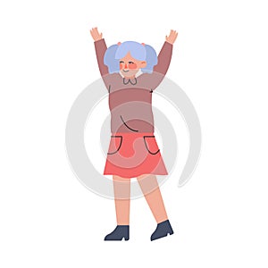 Little Kid in Warm Sweater Standing with Raising Arms Vector Illustration