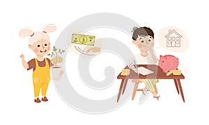 Little Kids Engaged in Economic Education and Financial Literacy Learning Saving and Investing Money Vector Set
