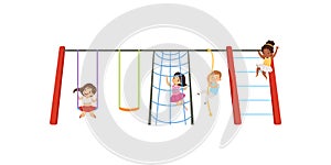 Little kids having fun on playground, children swinging on swing, climbing up ladder and rope vector Illustration on a