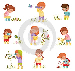 Little Kids Holding Magnifying Glass and Camera Exploring Nature Vector Illustrations Set