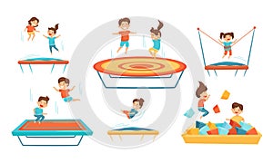 Little Kids Jumping on Trampoline Vector Illustrations Set. Smiling Children Having Fun Outdoors