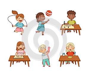 Little Kids in Kindergarden Playing and Doing Different Activity Vector Set