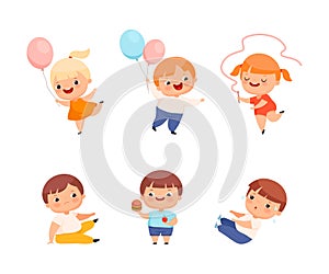 Little Kids with Overweight and Body Fat Engaged in Different Activity Vector Set