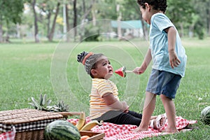 Little kids picnic and playing in the park. Little cute girl crying and boy consoling friend with giving her a piece of watermelon