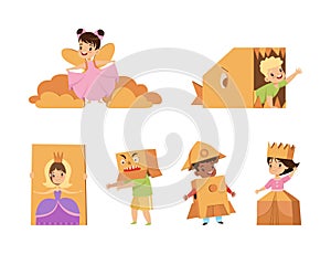 Little Kids Playing Game with Cardboard Boxes and Carton Vector Set