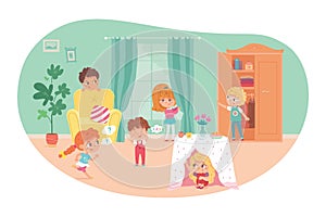 Little kids playing hide and seek in living room. Playing game with friends at home vector illustration. Boy counting photo