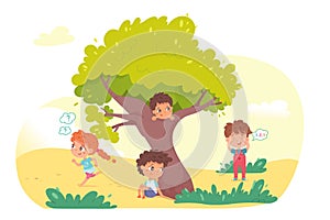 Little kids playing hide and seek in park. Playing game with friends outdoor in summer vacations vector illustration