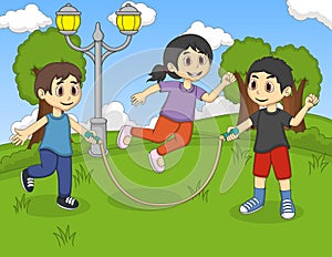Little kids playing jump rope at the park cartoon