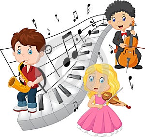 Little kids playing music with piano tone background