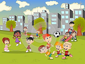 Little kids playing slide, seesaw, jump rope and soccer in the city park cartoon