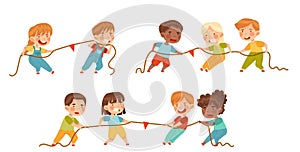 Little Kids Playing Tug of War or Rope Pulling Testing Strength Vector Set photo