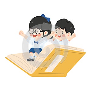 little kids riding a book and fly