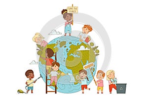 Little Kids Saving Planet Taking Care of Globe Rubbing It with Brush and Planting Trees Vector Illustration