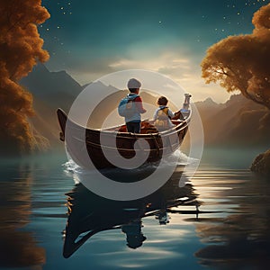 little kids sitting on a boat in the lake, beautiful detailed intricate nature background, mysterious wallpaper