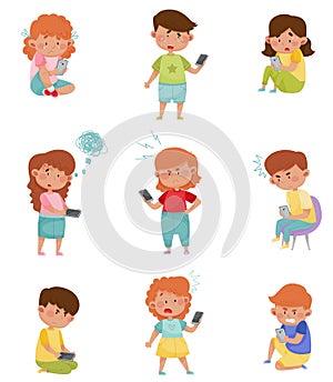 Little Kids with Smartphones and Frustrating Expression on Their Faces Vector Illustrations Set