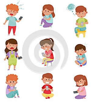 Little Kids with Smartphones and Frustrating Expression on Their Faces Vector Illustrations Set