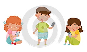 Little Kids with Smartphones and Frustrating Expression on Their Faces Vector Illustrations Set