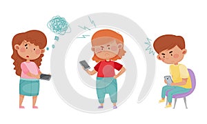 Little Kids with Smartphones and Frustrating Expression on Their Faces Vector Illustrations Set