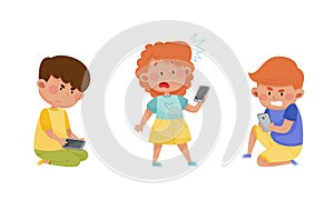 Little Kids with Smartphones and Frustrating Expression on Their Faces Vector Illustrations Set