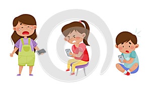 Little Kids with Smartphones and Frustrating Expression on Their Faces Vector Illustrations Set